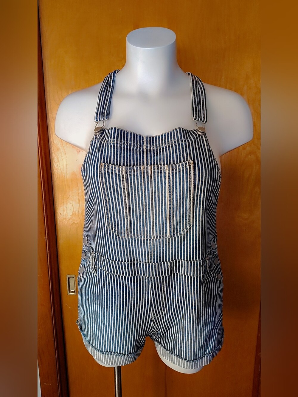 NWT No Boundaries 2X Plus Blue & White Stripe Short Overalls Pockets Stretch - Picture 3 of 10